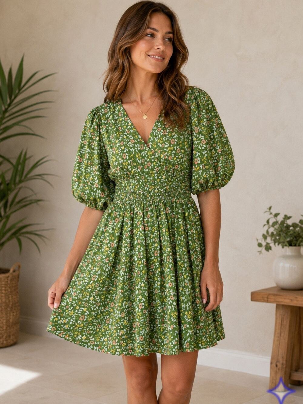 Trovata Birds of Paradis Green Floral Dress Small Cotton Cottagecore Puff Sleeve